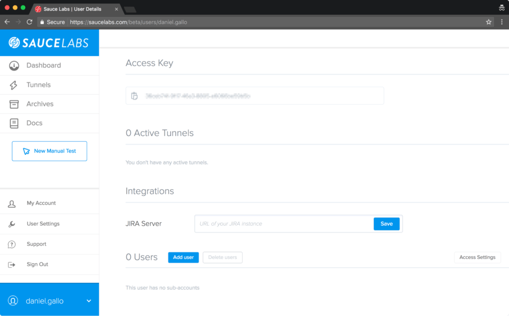 Sauce Labs “My Account” page, showing the Access Key