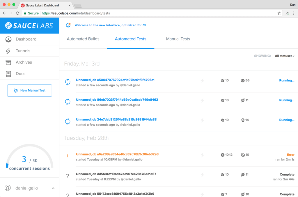 Sauce Labs shows a live list of active jobs