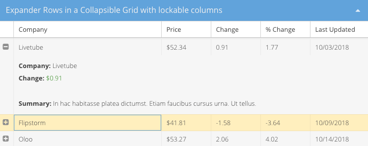 Grid example with expander rows and scrolling updates