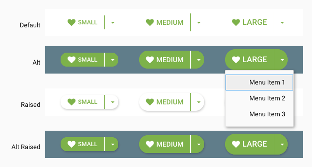 Round SplitButton examples showing text and Icon with confirm styling