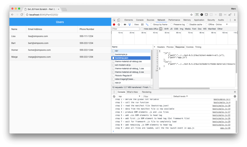 Watching our bootsimple.js in action - with console logging of the steps it takes to load our application files