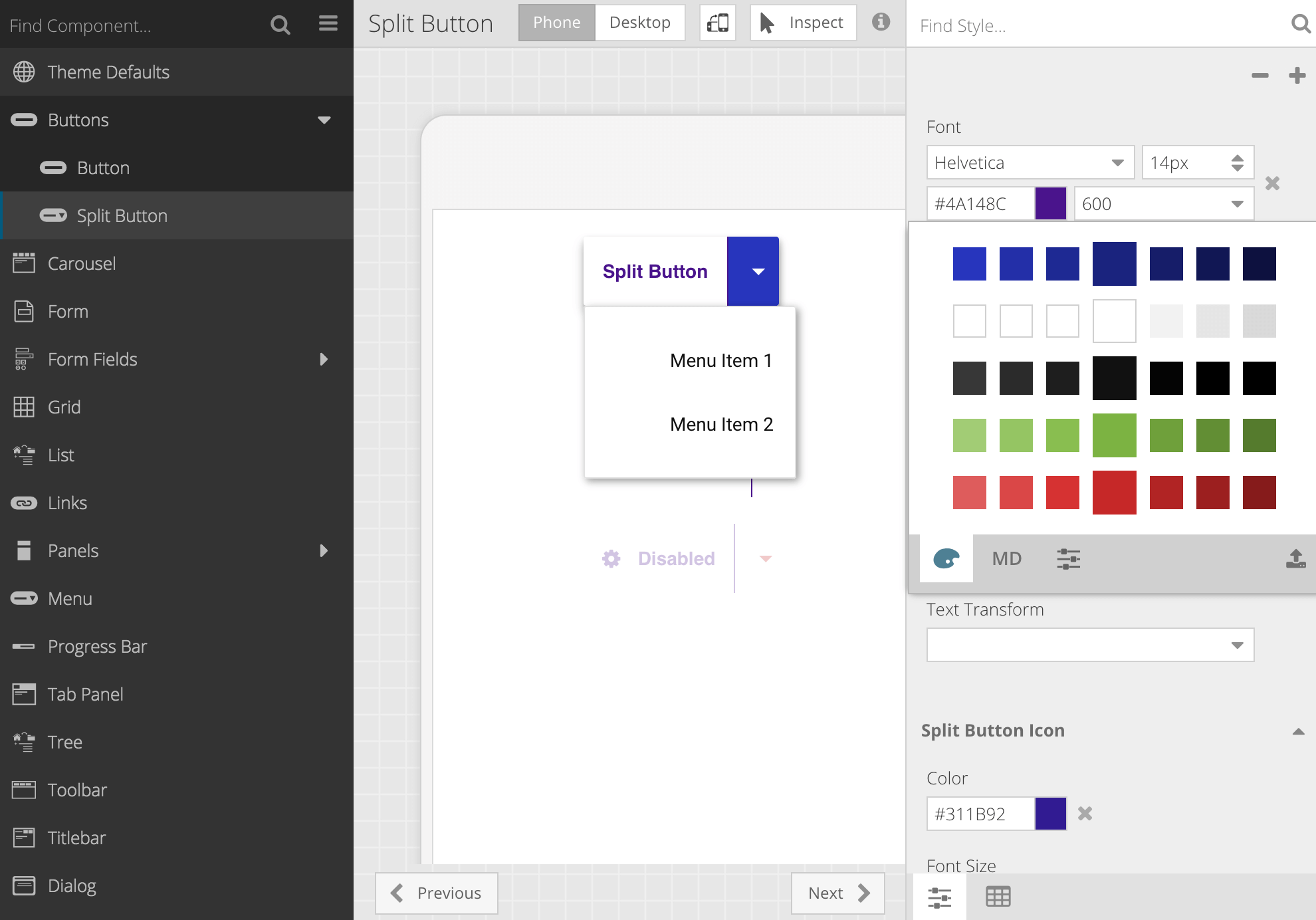 Shown: New Ext JS 6.5.3 SplitButton component with custom theme