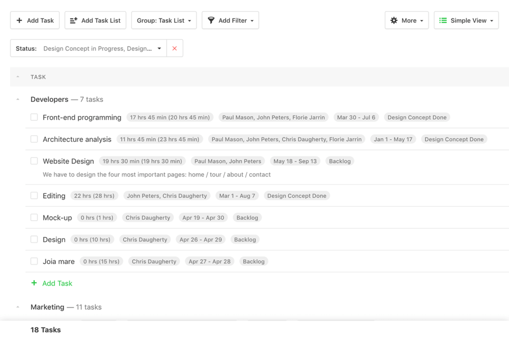 Advanced Task Management within Paymo, built on Ext JS. Switch to an advanced tasks view with filters or check the full task view to see all task details.