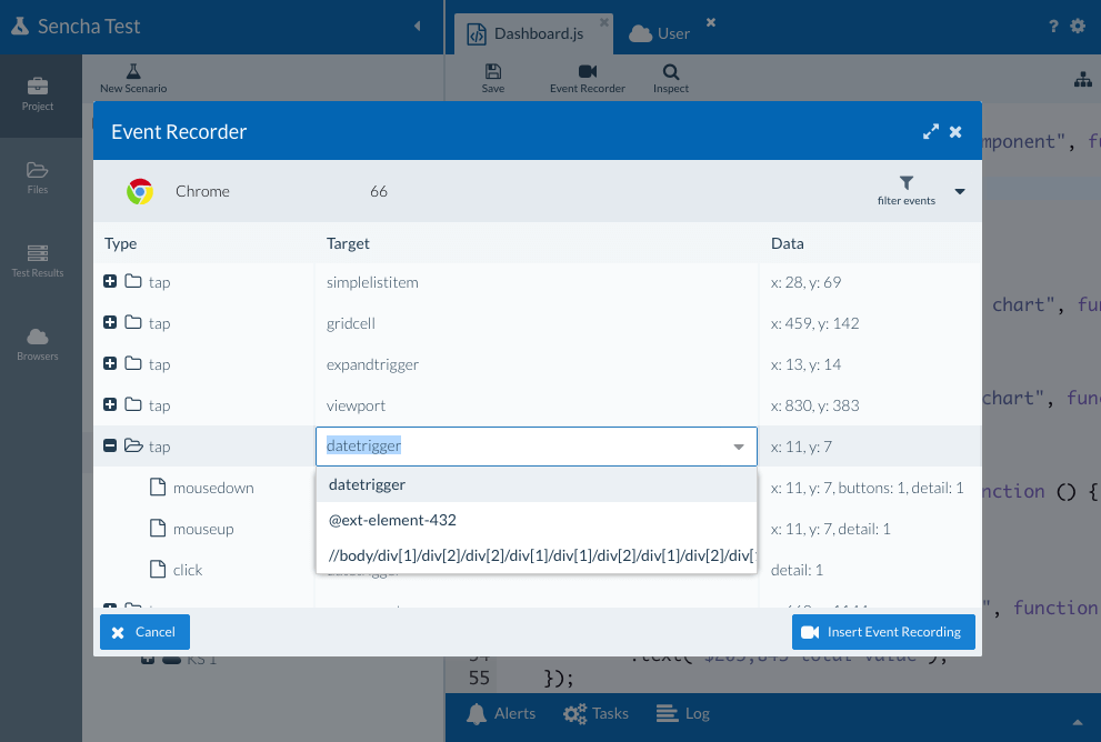 Selecting target locator in event recorder