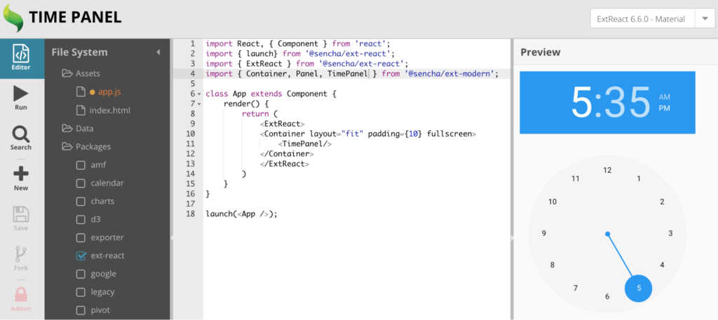 ExtReact Fiddle showing new Time Panel component