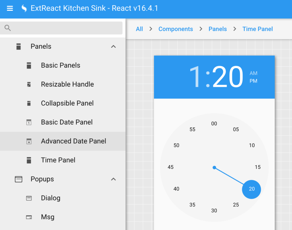 ExtReact Kitchen Sink example showing Time Panel