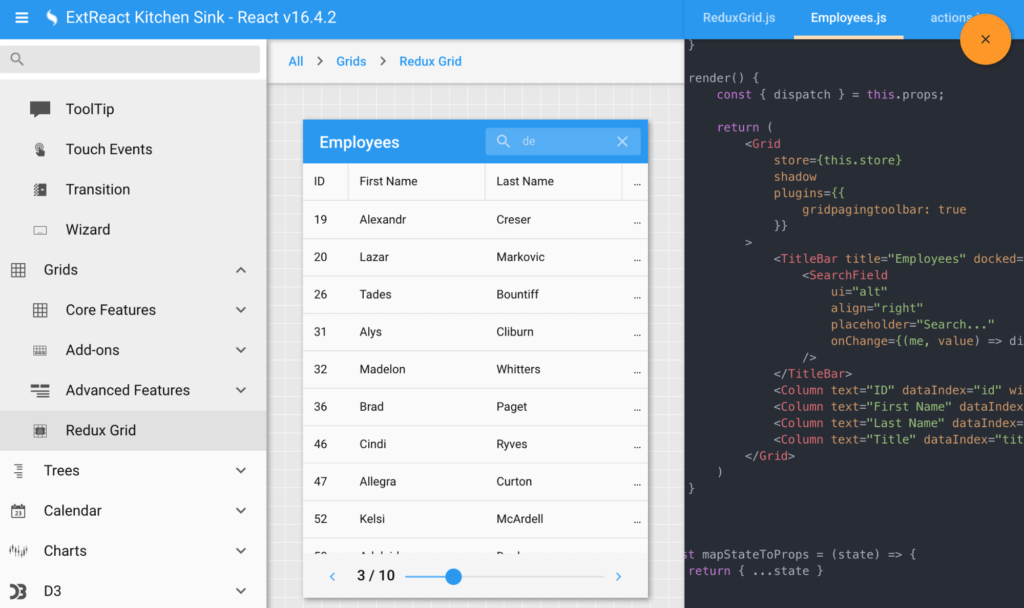 ExtReact Kitchen Sink showing Grid Component with Redux