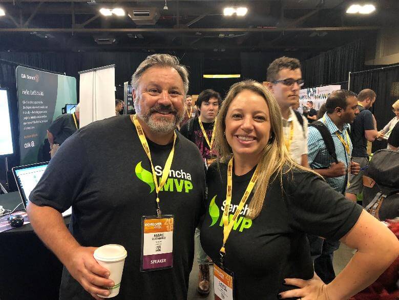 Sencha Solutions Architect Marc Gusmano and Senior Marketing Manager Casey Crowder answered attendee questions in a busy booth at Developer Week.
