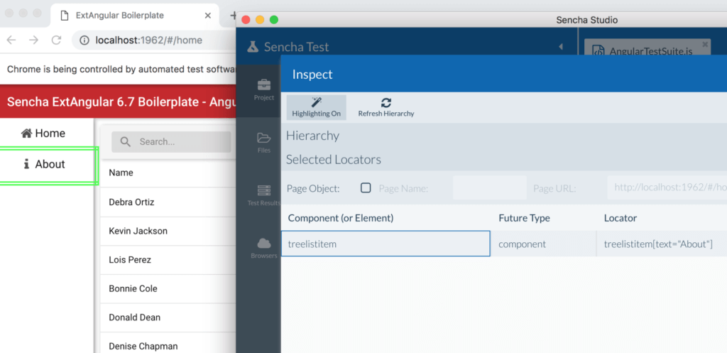 Inspecting ExtAngular apps using Sencha Test