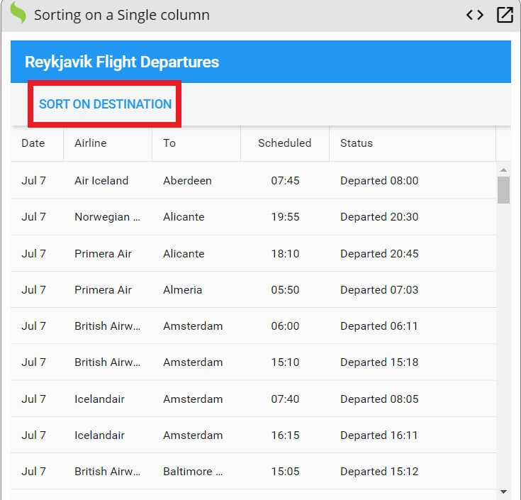 Let’s Say That You Want The Users To Find Their Flights By Clicking On SORT ON DESTINATION And Sort The Destination Data In Just A Single Column
