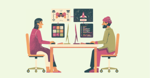 Two developers collaborating on designing a mobile app using Ext JS UI components, illustrated with coding and app interface elements.