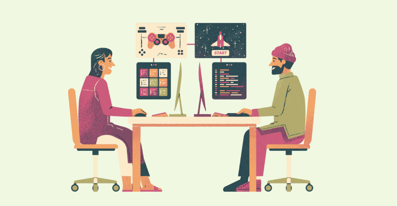 Two developers collaborating on designing a mobile app using Ext JS UI components, illustrated with coding and app interface elements.