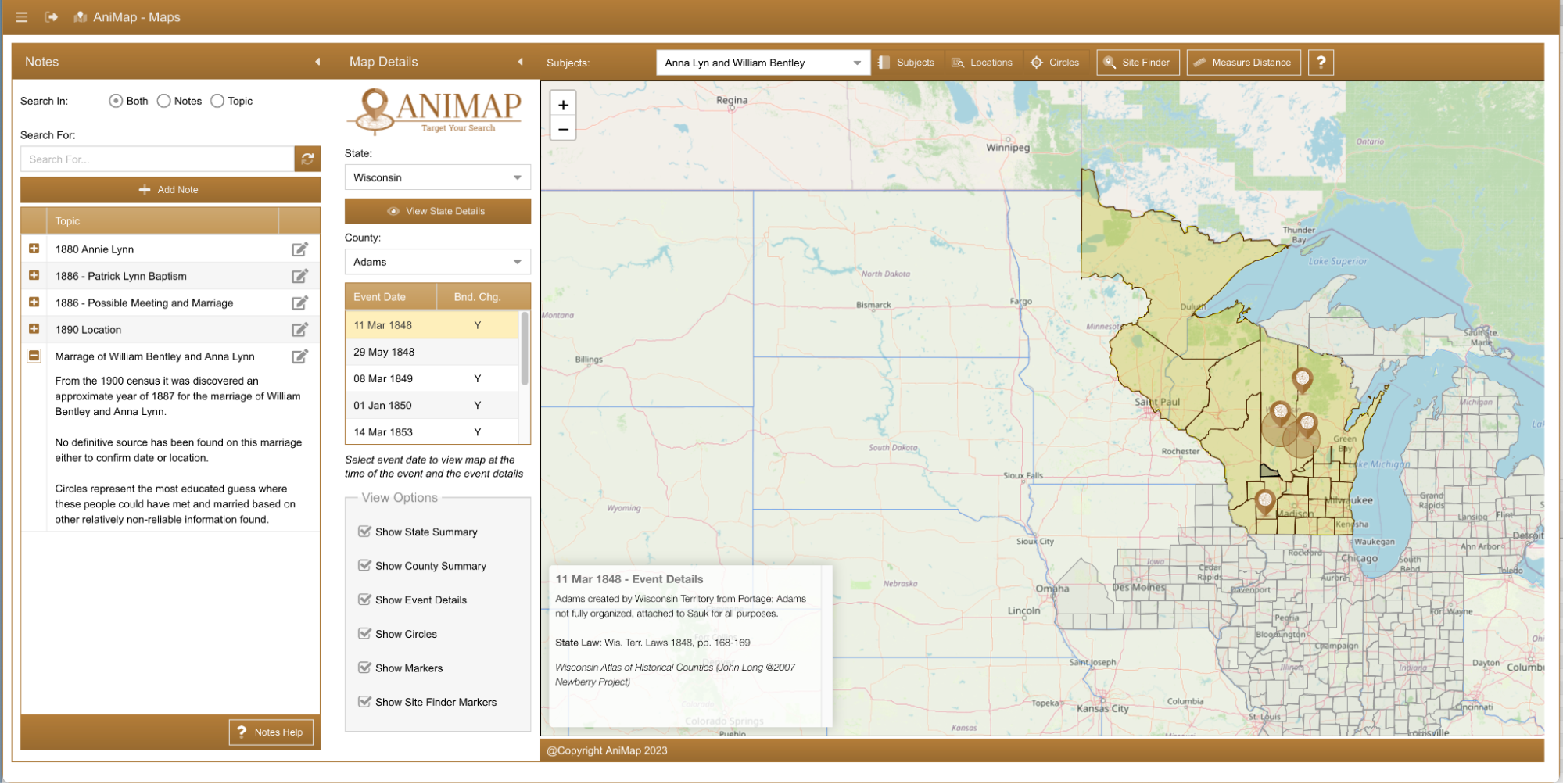 AniMap main screen with notes panel open